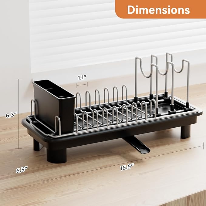 Laveshop Small Dish Drying Rack, Compact Dish Drainer for Kitchen Counter, with Adjustable Back Slots, Space-Saving for Small Kitchens, Black