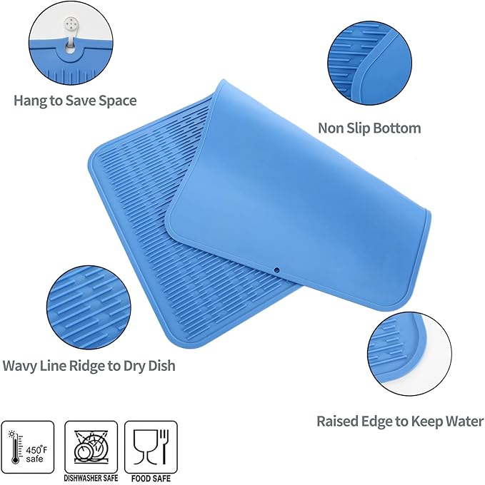 MicoYang Silicone Dish Drying Mat for Multiple Usage,Easy clean,Eco-friendly,Heat-resistant Silicone Mat for Kitchen Counter or Sink,Refrigerator or Drawer Liner Lichen BlueL 3XL 28 inches x 18 inches