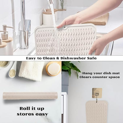 ZLR Silicone Dish Drying Mat & Heat Resistant Trivet (12" x 16") - Waterproof Counter Protector for Air Fryer, Coffee Maker - Non-Slip, BPA Free Kitchen Pad, Easy Clean Dishwasher Safe (Cassava White)