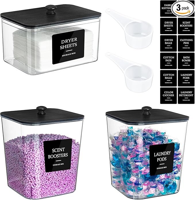 Laundry Pods Container, 3Pcs Acrylic Clear Laundry Room Organization Containers with Dryer Sheet Holder,Large Laundry Detergent Powder Storage Containers Black Wooden Lids & Labels