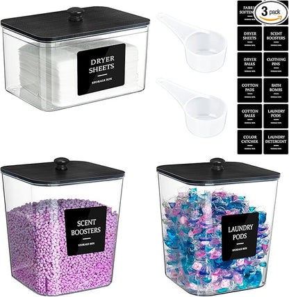 Laundry Pods Container, 3Pcs Acrylic Clear Laundry Room Organization Containers with Dryer Sheet Holder,Large Laundry Detergent Powder Storage Containers Black Wooden Lids & Labels