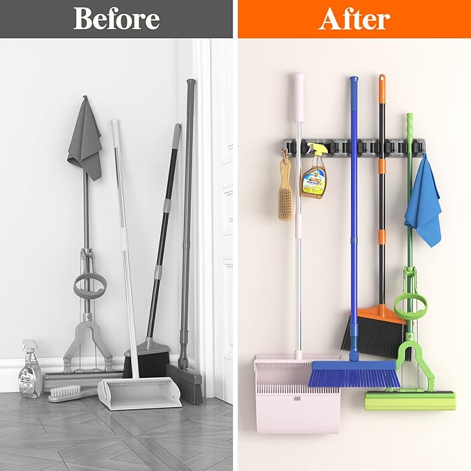 Lifewit Mop and Broom Holder Wall Mount, Anti-Slip Broom Hanger for Cleaning Supplies Organizer, Easy Install Tool Hanging Rack for Closet, Kitchen, Garage, 5 Slot 6 Hooks, Hold 30lbs, Gray, 2 Pack