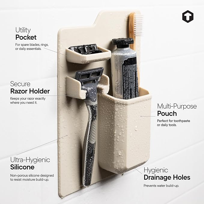 TOOLETRIES The Harvey Toothbrush & Razor Holder - Silicone Shower Organizer, Toiletries & Toothbrush Holder for Shower, Bathroom Accessory - Silicone-Grip Technology, Removable & Reusable - Sand