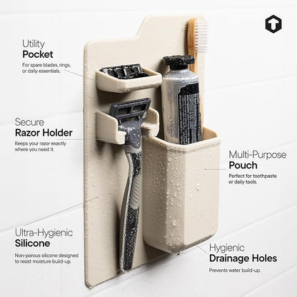 TOOLETRIES The Harvey Toothbrush & Razor Holder - Silicone Shower Organizer, Toiletries & Toothbrush Holder for Shower, Bathroom Accessory - Silicone-Grip Technology, Removable & Reusable - Sand
