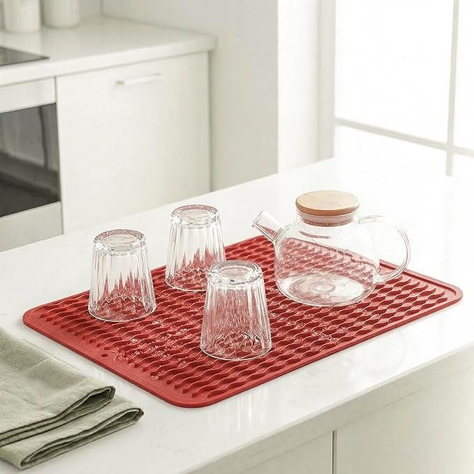 MicoYang Silicone Dish Drying Mat for Multiple Usage,Easy clean,Eco-friendly,Heat-resistant Silicone Mat for Kitchen Counter or Sink,Refrigerator or drawer liner Red L 16 inches x 12 inches