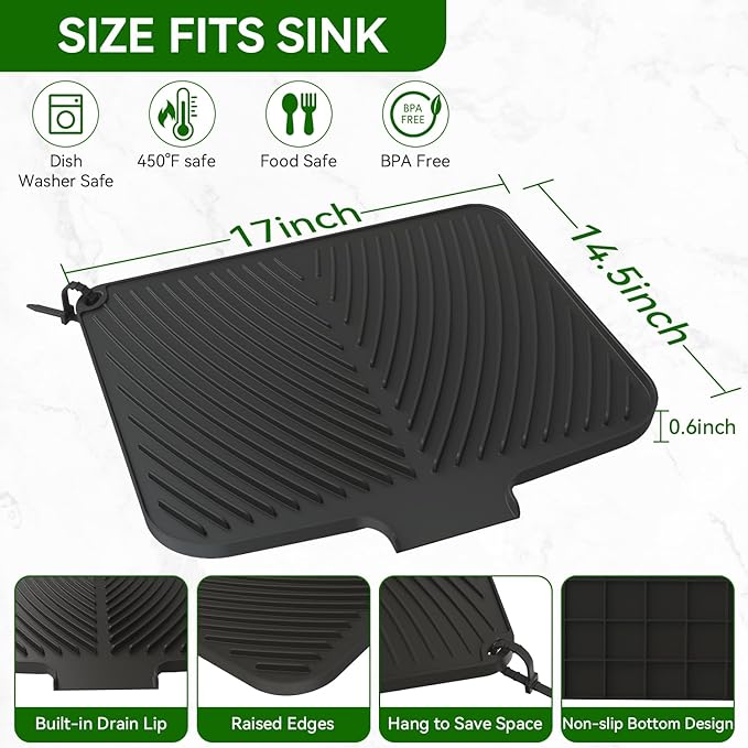 Belife Dish Drying Mat for Kitchen Counter, Silicone Dish Drainers Pad, Non-Slip Under Sink Dish Drying Rack, Heat Resistant Small Stone Drying Board (16.9" x 14.6", Black)