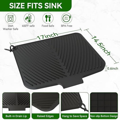 Belife Dish Drying Mat for Kitchen Counter, Silicone Dish Drainers Pad, Non-Slip Under Sink Dish Drying Rack, Heat Resistant Small Stone Drying Board (16.9" x 14.6", Black)