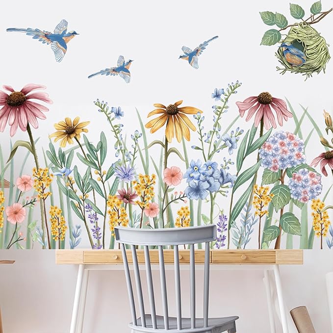 Wildflower Grass Daisy Wall Decals, Garden Floral Birds Flower Wall Stickers, BWCXXZH Self-Adhesive Wall Art Stickers for Girls Bedroom Living Room Nursery Decor