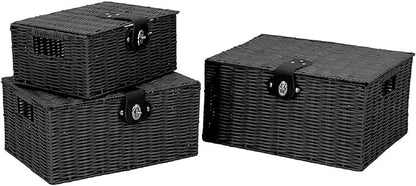 Set of 3 Woven Wicker Storage Basket Box with Lids & Lock, Built-in Carry Handles, Multifunctional Storage Organizer for Nursery, Baby, Clothes, Toys, Books, Large/Medium/Small Size (Black)