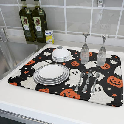Halloween Dish Drying Mat 18 x 24 Inch With Absorbent Reversible Microfiber Pumpkin Ghost Black White Orange Drying Mats Thanksgiving Dish Drainer Mat Fast Dry For Kitchen Dining Room Decoration