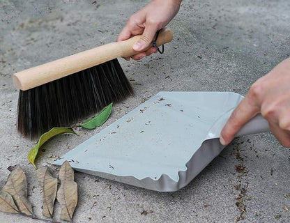 Metal Dust Pan and Brush Set Soft Bristle Wooden Broom Heavy Duty for Fireplace, Garage, Workshop