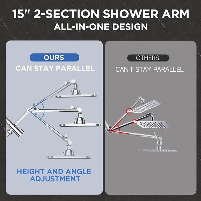 Veken Wide High Pressure Rain Shower Head with Handheld, Handheld Shower Heads with Multi Spray Modes, Rainfall Combo with 15" Metal Extension Arm,Detachable Dual Shower,1.8GPM, Chrome Silver
