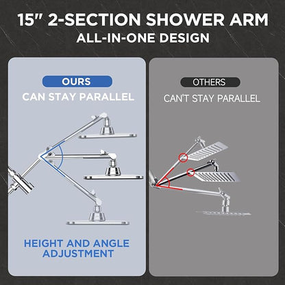 Veken Wide High Pressure Rain Shower Head with Handheld, Handheld Shower Heads with Multi Spray Modes, Rainfall Combo with 15" Metal Extension Arm,Detachable Dual Shower,1.8GPM, Chrome Silver
