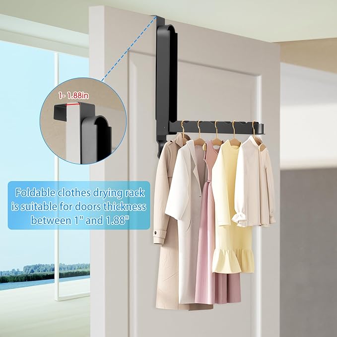 Over The Door Drying Rack, 1 Pack Foldable Over The Door Hooks Hanger for Laundry Clothes Heavy Duty Door Organizer Rack Coat Towels Hanging Storage for Bedroom Bathroom Kitchen