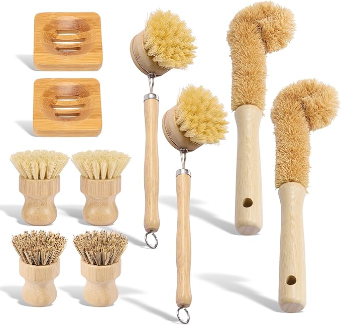 10 Pcs Bamboo Dish Brush Set, Wooden Dish Brush with Long Handle Cup Brush, Short Handle Sisal & Coarse Brushes, Square Rack Tray, Natural Bamboo Bottle Brush for Pots, Pans,Vegetables