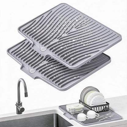 TIKNIK Silicone Dish Drying Mat, Stone Drying Mat for Kitchen Counter with Built-In Drain, Non-Slip Drain Pad with Built-in Drain, Heat Resistant Stone Drying Mat, Hangable, Grey-2pcs, 20" x 15"