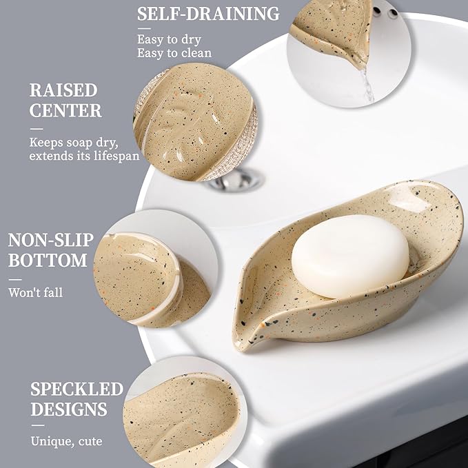 Soap Holder, Self Draining Soap Dish, Leaf Shape Bar Soap Holder Ceramic Drain Soap Dishes for Bathroom Sink Shower Kitchen, Easy to Clean Keeps Soap Dry, ANTIS'S HOME
