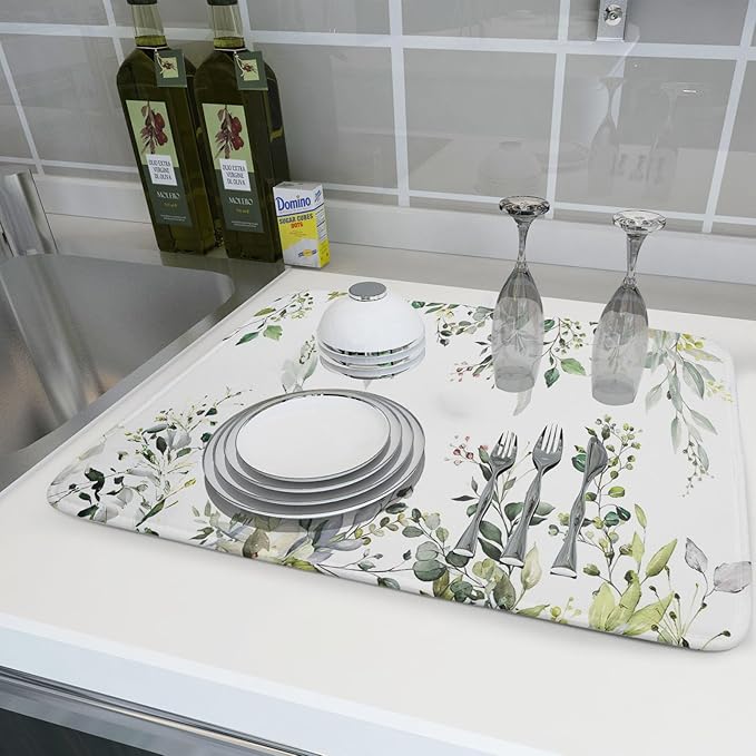 Green Eucalyptus Sage Leaves Dish Drying Mat 18 x 24 Inch With Absorbent Reversible Microfiber Plant Leaf Floral Spring Summer Drying Mats Fast Dry Pad Draining Mat For Kitchen Countertop