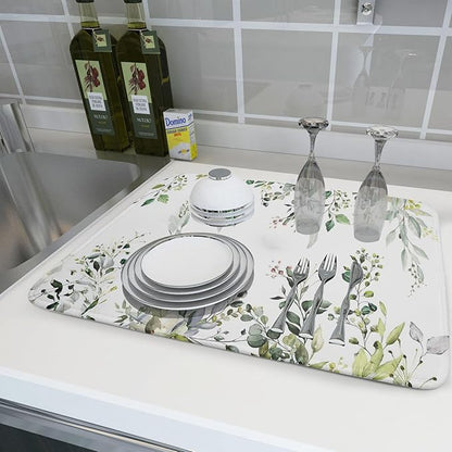 Green Eucalyptus Sage Leaves Dish Drying Mat 18 x 24 Inch With Absorbent Reversible Microfiber Plant Leaf Floral Spring Summer Drying Mats Fast Dry Pad Draining Mat For Kitchen Countertop