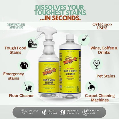 Whip-It All Natural Enzyme Cleaner Stain Fighting Kit - Professional Strength Stain Remover Spray 32oz and Concentrate Multi-Purpose Stain Remover 32oz - Made in the USA