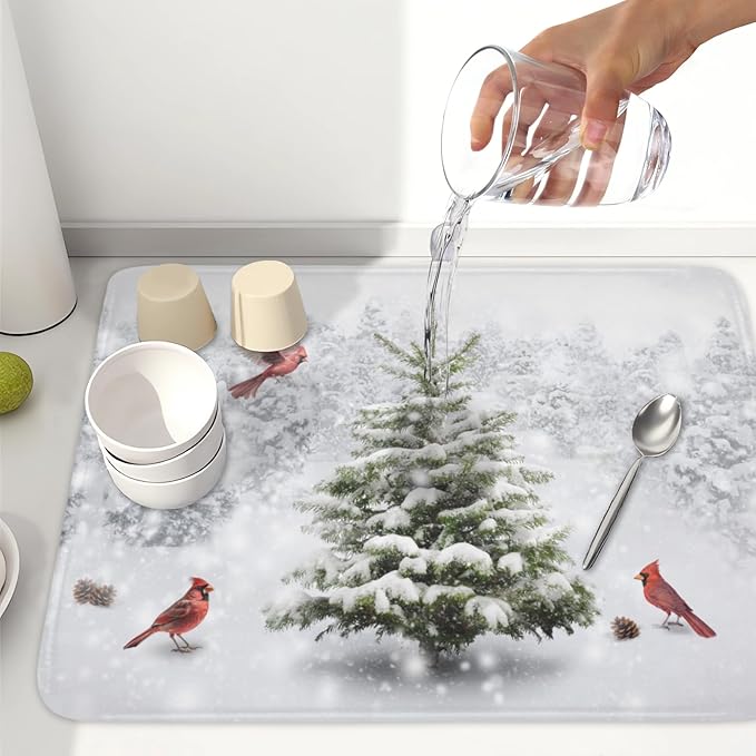 Winter Forest Dish Drying Mat for Kitchen Counter Silvery White Pine Trees Snow Snowflake Drying Mat 18x24 Inch Holiday Absorbent Dish Drainer Mat Kitchen Accessories