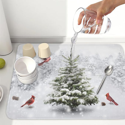 Winter Forest Dish Drying Mat for Kitchen Counter Silvery White Pine Trees Snow Snowflake Drying Mat 18x24 Inch Holiday Absorbent Dish Drainer Mat Kitchen Accessories