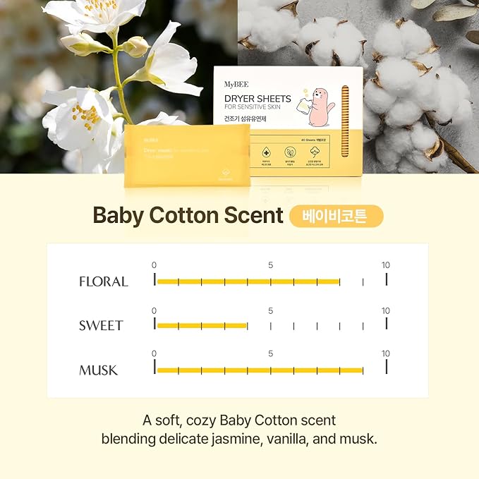 Mybee Dryer Sheets Laundry Fabric Softener, Baby Cotton Scent, 40 Count