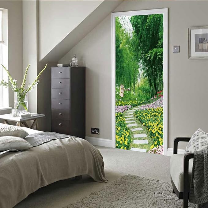 A.Monamour 3D Door Stickers for Interior Doors Garden Scenery with Flowers Trees and Path Nature Scenery Vinyl Waterproof Self Adhesive Door Mural Decals for Bedroom Office Bathroom 95x215cm