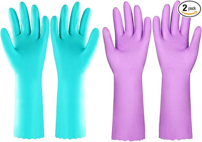 Elgood Reusable Dishwashing Cleaning Gloves with Latex free, Cotton lining,Kitchen Gloves 2 Pairs,Purple+blue large