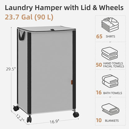 STORAGE MANIAC Rolling Laundry Hamper with Lid, 23.7 Gal (90 L) Large Tall Laundry Basket with Wheels & Handles, Aesthetic Dirty Clothes Hamper for Small Space, Dorm, Apartment, College, Gray