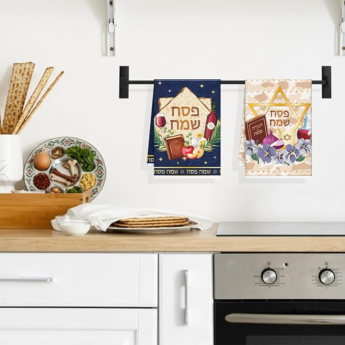 Passover Kitchen Towels Decor, Dish Towels Gifts for Cooking Cleaning Set of 4, Jewish Holiday Hand Towels with Hanging Loop for Bathroom Home