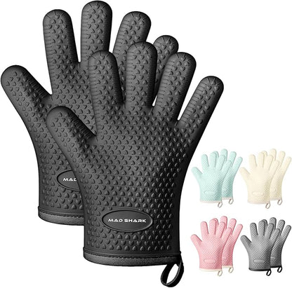 MAD SHARK Silicone Oven Mitts Heat Resistant 450 Degrees,Waterproof & Non-Slip Oven Gloves with Fingers,Cotton Lined Silicone Oven Gloves Kitchen Mitts for Baking Cooking Barbecue,Women,Oven(Black)