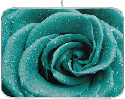 Super Absorbent Dish Drying Mat, Microfiber Fast-Drying Dish Mat, 16" x 18", Kitchen Dish Drying Pad Hipster Turquoise Rose Petals