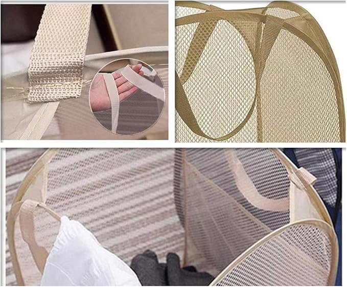Sturdy Collapsible Big Mesh Laundry Basket Large Clothes Hamper With Handles Portable Room Closet Storage Organizer Beige