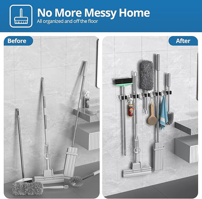 2 Pack Broom Holder Wall Mount Mop and Broom Hanger Broom Organizer Storage Tool Racks Stainless Steel Heavy Duty for Kitchen Garden Laundry Garage (5 Racks with 4 Hooks)