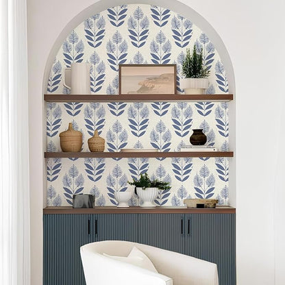 Naphite Tulip Floral Peel and Stick Wallpaper Vintage Leaf Boho Contact Paper for Cabinets Neutral Self Adhesive Wallpaper for Bedroom Bathroom Waterproof Farmhouse Wall Decor Navy 17.3inW590inL