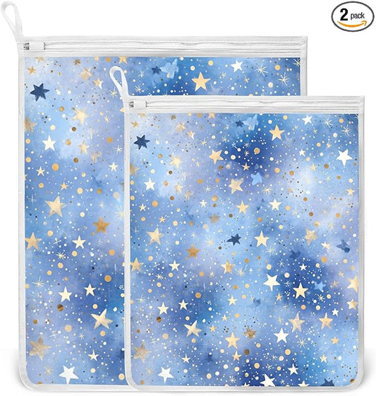 Mesh Laundry Bags Lingerie Bags for Washing Delicates 2 PCS Durable Wash Bag with Zipper Small and Medium Washable Blue Romantic Golden Stars