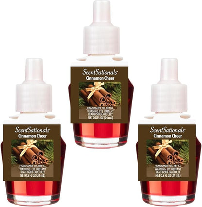 ScentSationals Cinnamon Cheer Fragrance Oil Plug In Air Freshener Refills 3-Pack - Works with Scentsationals Wall Plugs, Long-Lasting Home Fragrance, 0.8 fl oz Each, Packaging May Vary