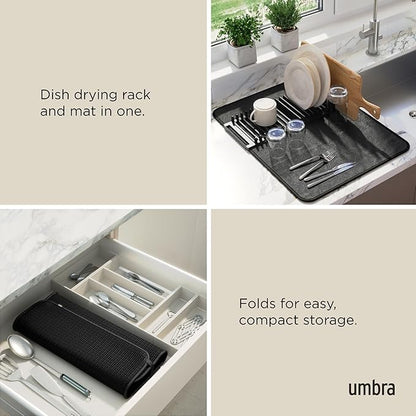 Umbra Udry Dish Rack and Microfiber Drying Mat – Space-Saving Design Folds Up for Easy Storage, Basic Rack, Black