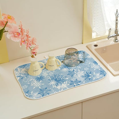 Christmas Dish Drying Mat 18x24 Inch Blue White Snowflake Winter Drying Mat Winter Xmas Holiday Absorbent Dish Drying Pad Dish Rack Drainer Mats for Kitchen Dining Counter