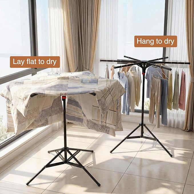 4-Leg Clothes Drying Rack with 6 Adjustable Poles, 20 Windproof Hooks and 2 Sock Clips Foldable Laundry Drying Rack, Space-Saving Indoor/Outdoor Clothes No-Installation Drying Stand, Black