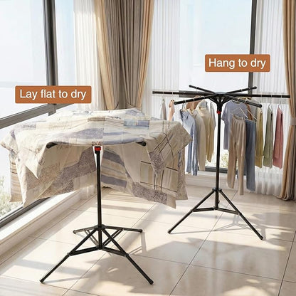 4-Leg Clothes Drying Rack with 6 Adjustable Poles, 20 Windproof Hooks and 2 Sock Clips Foldable Laundry Drying Rack, Space-Saving Indoor/Outdoor Clothes No-Installation Drying Stand, Black