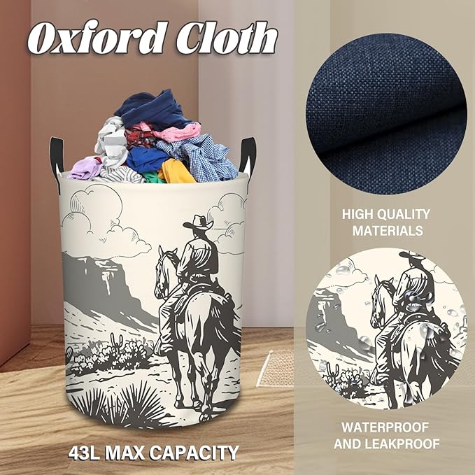 Western Cowboy Laundry Basket, Round Oxford Cloth Laundry Hamper, Waterproof Collapsible Storage Organizer Bin with Handles for Room, Nursery Home Storage, Gift for Chritsmas Thanksgiving 13.8x17.7in