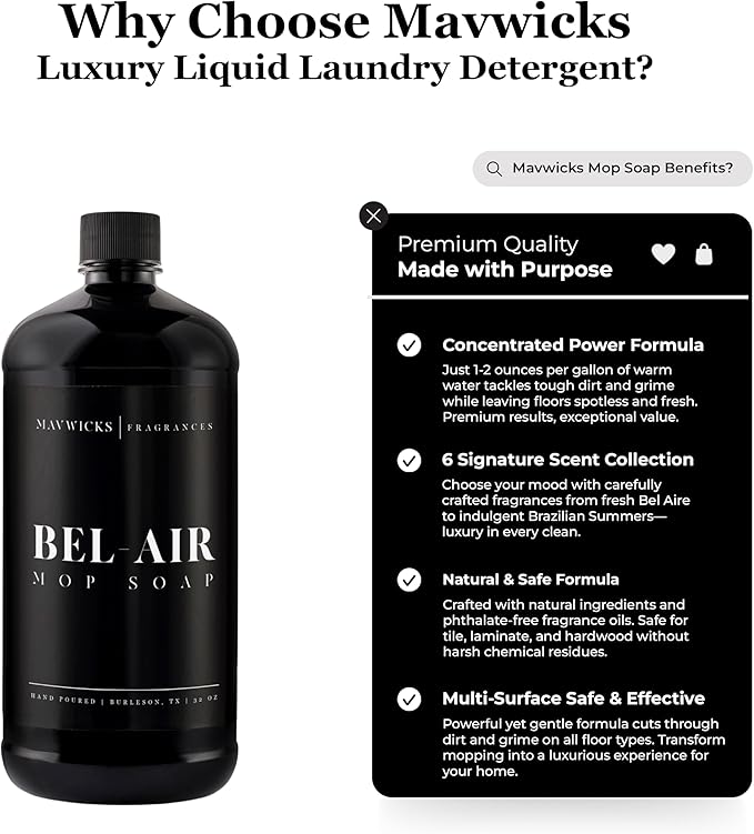 Fragrances - Luxury Mop Soap (Bel-Aire) 32 Oz – Bel-Air Scented Floor Cleaner for Mopping – Pet Safe, Best Smelling Mop Detergent for All Surfaces