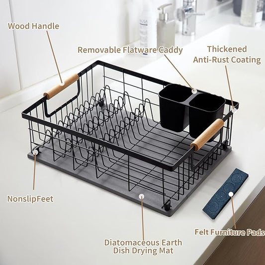 Dish Drying Rack with Stone Drying Mat, Dish Drainer and Diatomaceous Earth Dish Mat, Dish Drainers for Kitchen Counter with Stone Dish Mat