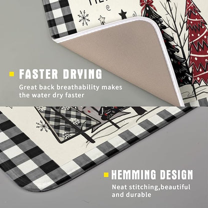 Merry Christmas Tree Dish Drying Mat for Kitchen Counter 16x18 Inch Black Red Grey Xmas Plaid Print Absorbent Reversible Microfiber Drying Mats Kitchen Countertop Protector Dishes Drainer Rack Pad