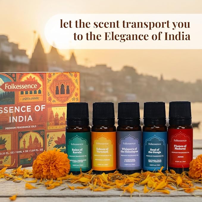 Folkulture Essence of India Essential Oils Set for Diffuser | Set of 5 Fragrance Oils for Aromatherapy | Frankincense, Jasmine, Cedarwood | Home Fragrance Gift | Gift for Her