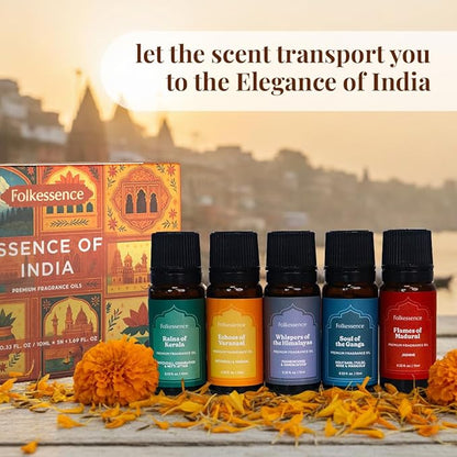 Folkulture Essence of India Essential Oils Set for Diffuser | Set of 5 Fragrance Oils for Aromatherapy | Frankincense, Jasmine, Cedarwood | Home Fragrance Gift | Gift for Her