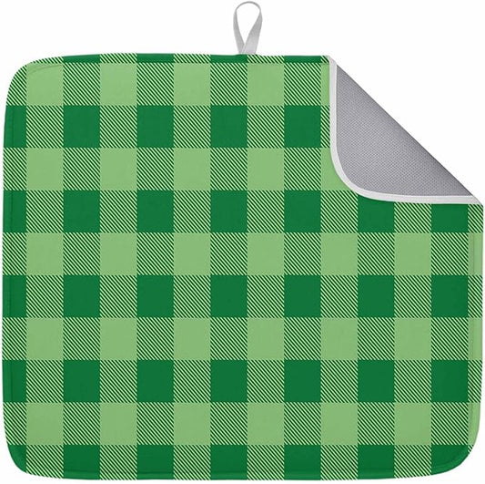 Dish Drying Mat Green White Check Plaid Drying Mats for Kitchen Counter Farmhouse Style Absorbent Microfiber Dish Drainer Quick Drying Coffee Mat with Hanging Loop, 16 x18 inch