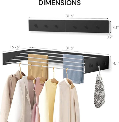 Wall Mounted Foldable, Space Saving Clothes Drying Rack with Knob, 60 lbs Capacity, for Laundry (31.5" Black)
